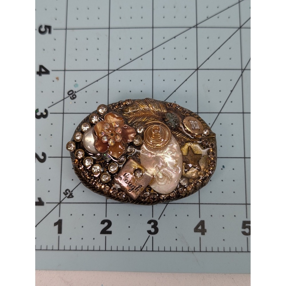 Artisan Belt Buckle Womens Bronze Mixed Media Face Laugh Rhinestone Oval Flower